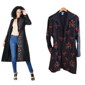 Silk black longline jacket blazer.coat. with Red Floral embroidery. Pockets !